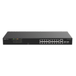 Switch PoE no administrable de 16 puertos 10/100 Mbps con 2 puertos Gigabit, visible en Ruijie Cloud, con un diseño de alta calidad y un presupuesto de PoE de 120 W