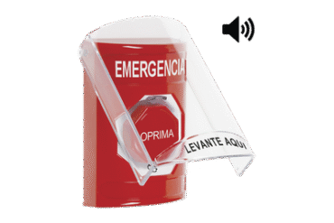 Botón de Emergencia en Español con Tapa Protectora de Policarbonato Súper Resistente, Acción Mantenida, Girar para Restablecer y Sirena