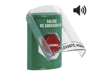 Botón de Salida de Emergencia en Español con Tapa Protectora de Policarbonato Súper Resistente, Acción Mantenida, Girar para Restablecer y Sirena