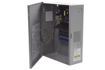 Fuente para aplicaciones en control de acceso, y detección de incendio, con capacidad de respaldo para 12 y 24 Vcd @ 4 A , con 8 circuitos de control ( NO ) y 8 circuitos de control trigger voltaje de entrada de : 115 Vca, requiere batería.