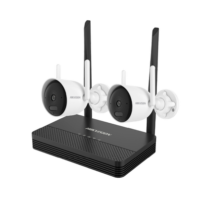 KIT 2 Cámaras Bala 2 Megapíxeles / 1 Grabadora Wi-Fi / Hasta 512 GB de Almacenamiento (No incluye Memoria SD) / Conexión con Hik-Connect/ Incluye Fuente y Cable RJ45